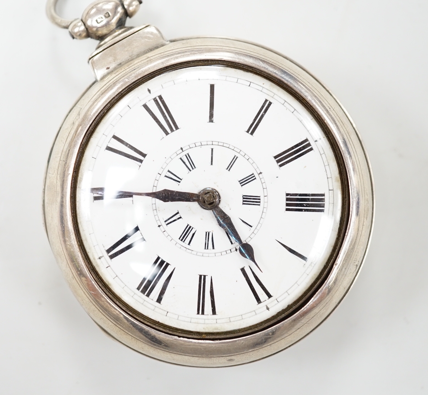 A 19th century silver pair cased keywind verge pocket watch, by Bartlett of Maidstone, case diameter 64mm.